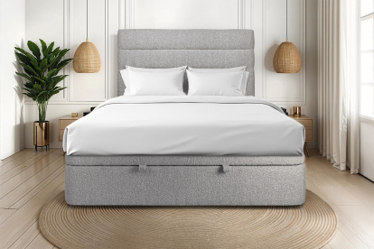 Lit coffre 200x200 cm avec Tête de lit à lignes - Tissu Bouclette Gris