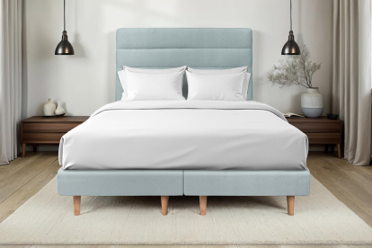 Lit 2x 90x200 cm - Sommier tapissier H29 cm + tête de lit à lignes - Tissu Velours Gris Bleuté