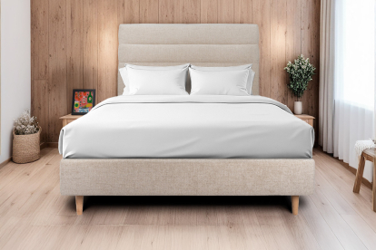 Lit 140x200 cm - Sommier tapissier H35 cm + tête de lit à lignes - Tissu Toile natté Beige Brun