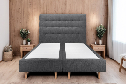 Lit 2x 80x200 cm - Sommier tapissier H35 cm + tête de lit capitonnée - Tissu Toile natté Noir
