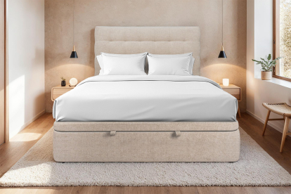Lit coffre 200x200 cm avec Tête de lit capitonnée - Tissu Toile natté Beige Brun
