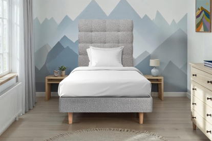 Lit 90x200 cm - Sommier tapissier H29 cm + tête de lit capitonnée - Tissu Bouclette Gris
