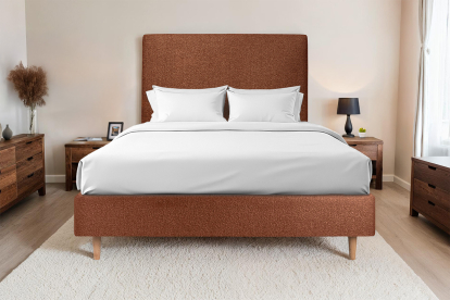 Lit 140x190 cm - Sommier tapissier H35 cm + tête de lit tapissée - Tissu Bouclette Terracotta