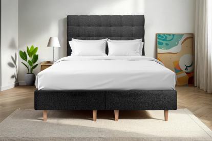 Lit 2x 80x200 cm - Sommier tapissier H35 cm + tête de lit capitonnée - Tissu Bouclette Noir