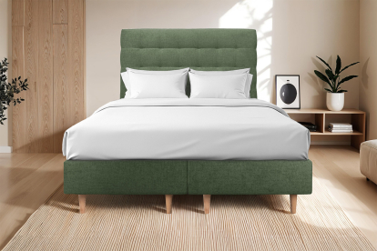 Lit 2x 80x200 cm - Sommier tapissier H35 cm + tête de lit capitonnée - Tissu Toile natté Vert Kaki