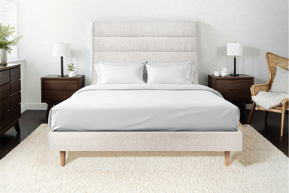Lit 140x190 cm - Sommier tapissier H29 cm + tête de lit à lignes - Tissu Bouclette Beige Clair