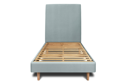 Lit 90x190 cm - Sommier à lattes H29 cm + tête de lit tapissée - Tissu Velours Gris Bleuté