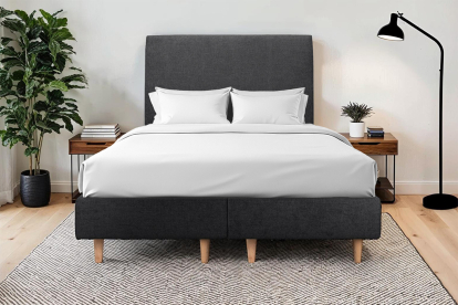 Lit 2x 80x200 cm - Sommier tapissier H35 cm + tête de lit tapissée - Tissu Toile natté Noir