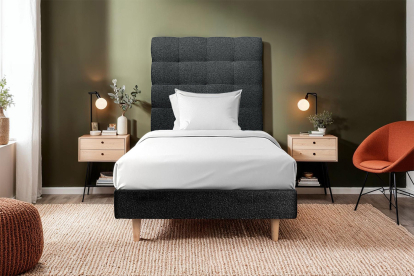 Lit 90x190 cm - Sommier tapissier H29 cm + tête de lit capitonnée - Tissu Bouclette Noir