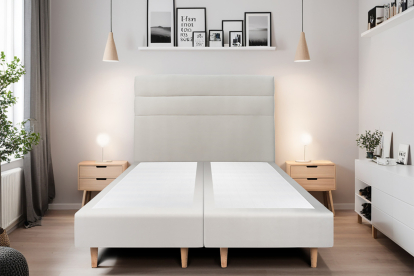 Lit 2x 100x200 cm - Sommier tapissier H35 cm + tête de lit à lignes - Tissu Velours Gris Clair