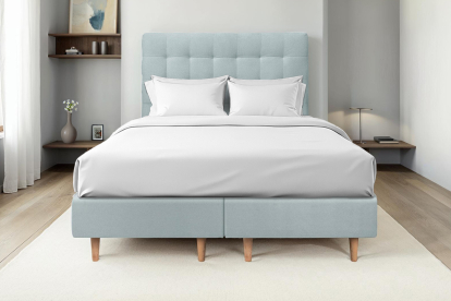 Lit 2x 100x200 cm - Sommier tapissier H35 cm + tête de lit capitonnée - Tissu Velours Gris Bleuté