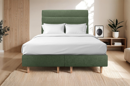 Lit 2x 100x200 cm - Sommier tapissier H35 cm + tête de lit à lignes - Tissu Toile natté Vert Kaki