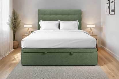 Lit coffre 140x190 cm avec Tête de lit capitonnée - Tissu Toile natté Vert Kaki