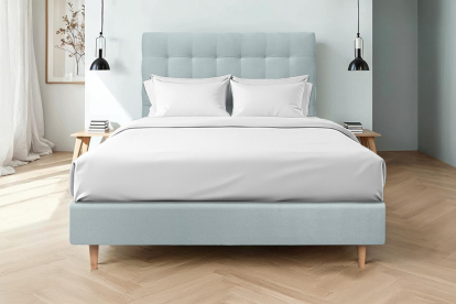 Lit 140x200 cm - Sommier tapissier H35 cm + tête de lit capitonnée - Tissu Velours Gris Bleuté