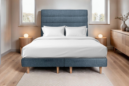 Lit 2x 90x200 cm - Sommier tapissier H29 cm + tête de lit à lignes - Tissu Bouclette Bleu