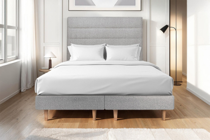 Lit 2x 90x200 cm - Sommier tapissier H29 cm + tête de lit à lignes - Tissu Bouclette Gris