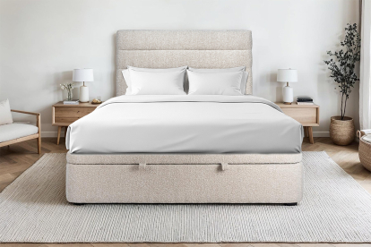 Lit coffre 180x200 cm avec Tête de lit à lignes - Tissu Bouclette Beige Clair