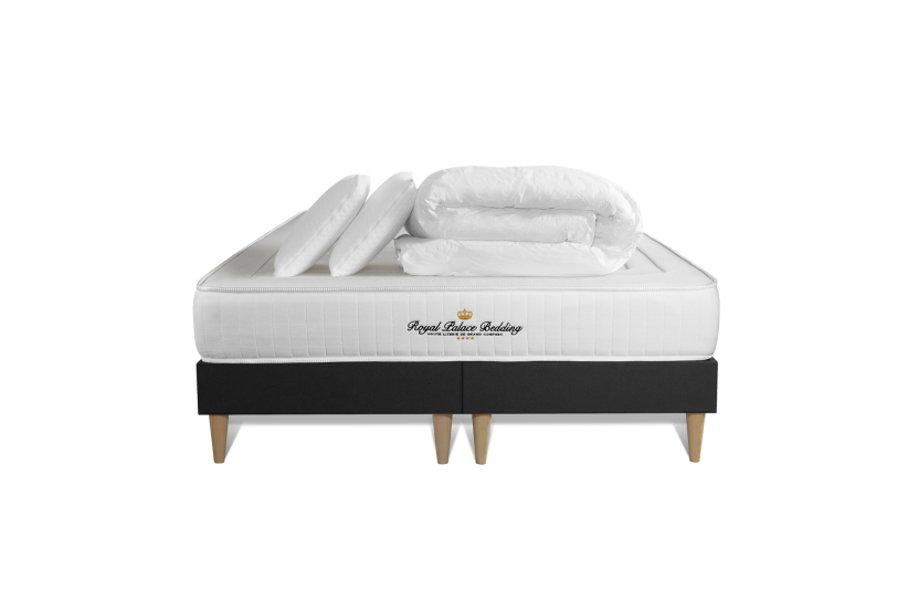 Pack lit complet 200x200 cm - Matelas + Sommier Noir + 2 oreillers + Couette - Lancaster