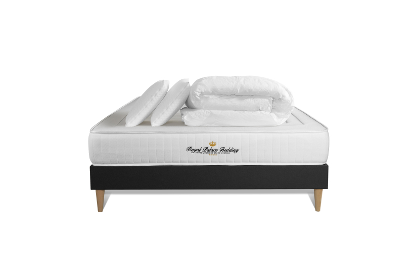 Pack lit complet 180x200 cm - Matelas + Sommier Noir (en kit) + 2 oreillers + Couette - Nottingham