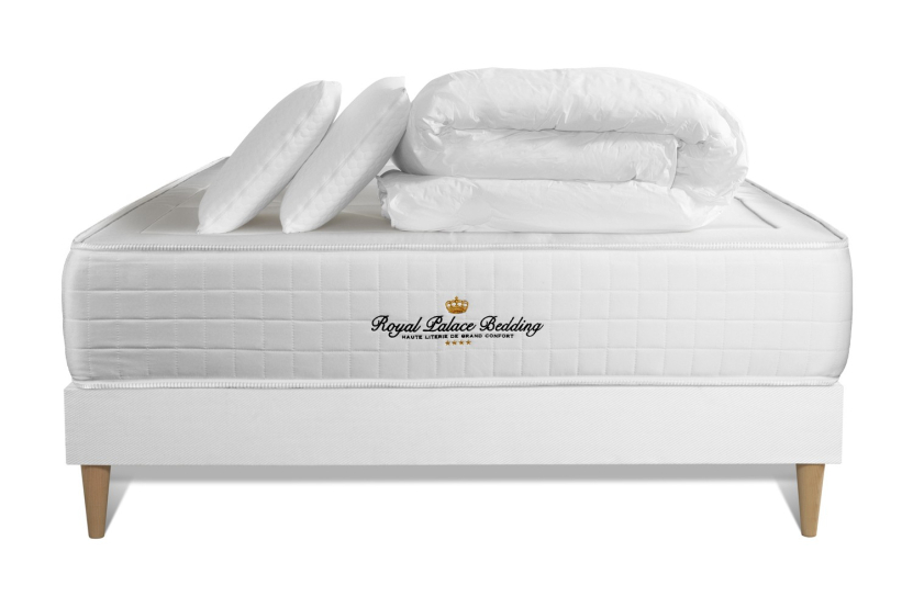 Pack lit complet 200x200 cm - Matelas + Sommier Blanc (en kit) + 2 oreillers + Couette - Windsor