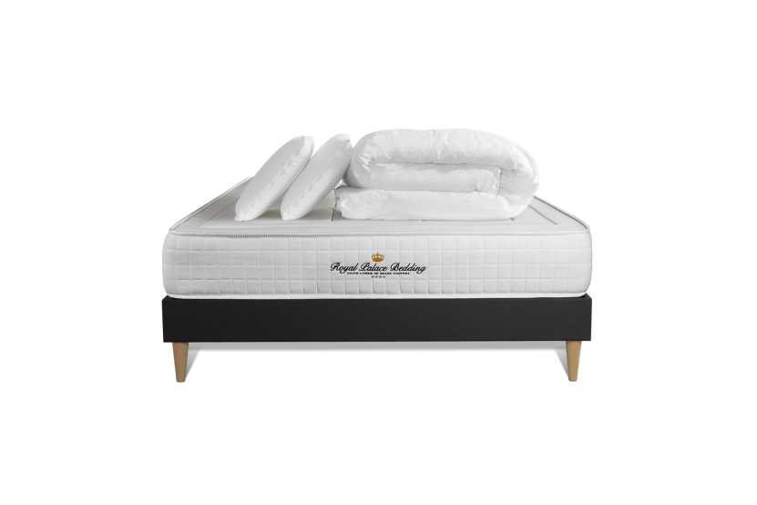 Pack lit complet 140x200 cm - Matelas + Sommier Noir + 2 oreillers + Couette - Balmoral