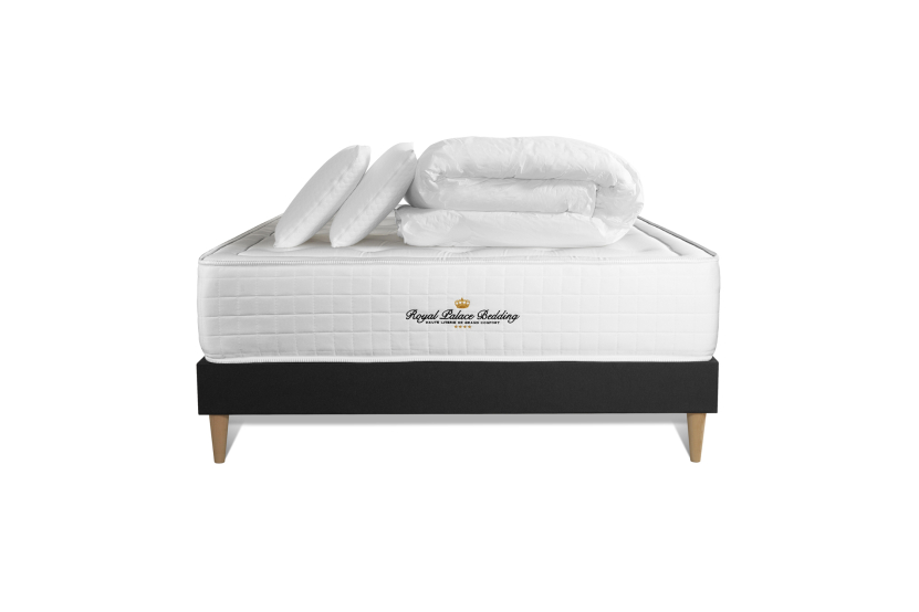 Pack lit complet 160x200 cm - Matelas + Sommier Noir (en kit) + 2 oreillers + Couette - Buckingham