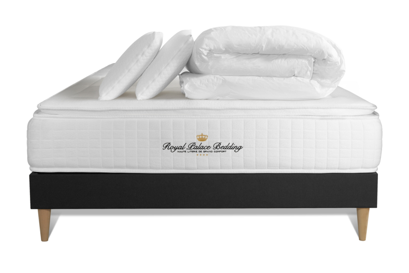 Pack lit complet 140x200 cm - Matelas + Sommier Noir + 2 oreillers + Couette - George V