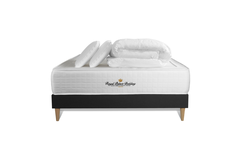 Pack lit complet 160x200 cm - Matelas + Sommier Noir + 2 oreillers + Couette - Windsor