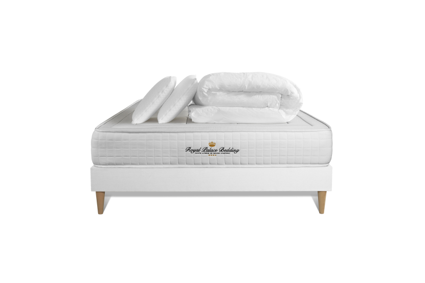 Pack lit complet 160x200 cm - Matelas + Sommier Blanc (en kit) + 2 oreillers + Couette - Balmoral